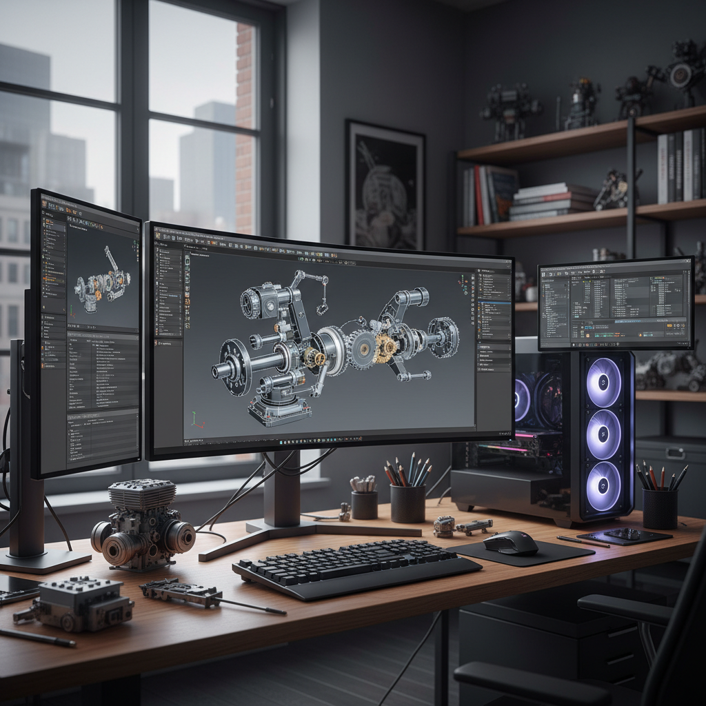 Mechanical engineering workspace with CAD software displaying complex 3D mechanical parts and assemblies, professional engineering environment, multiple monitors showing technical drawings, modern office setting, no text