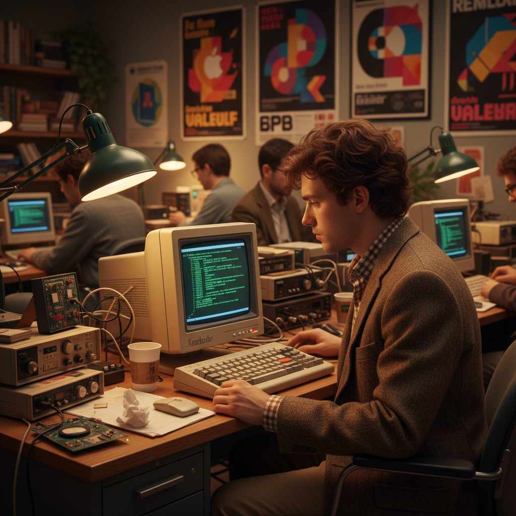 A young programmer in early 1980s working at Apple office with vintage Macintosh computer, warm ambient lighting, retro tech workspace with colorful posters and equipment, realistic photography style, detailed environment, no text