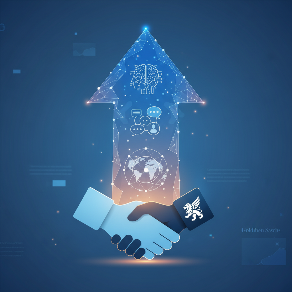 A dynamic infographic showing a growing upward arrow, representing 100 million dollars investment, with elements of AI, customer engagement, and global expansion. The arrow is supported by a handshake from a large investment firm, symbolizing Goldman Sachs. Clean infographic style, no text.