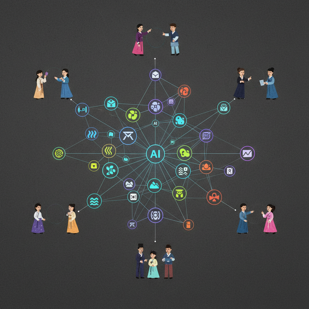 A visual representation of over 200 interconnected AI models (abstract icons for text, image, video, audio generation) forming a network, with small avatars of diverse users around it, symbolizing collaborative interaction. Clean infographic, modern layout, high contrast, textured background. Korean appearance. No text.
