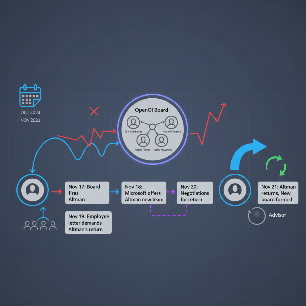 A clean infographic illustrating the complex timeline and key figures involved in the 2023 OpenAI leadership dispute. Show connections and conflicts between Sam Altman, Ilya Sutskever, and the board members. Use a professional, tech-oriented style with subtle colors. No text in image.