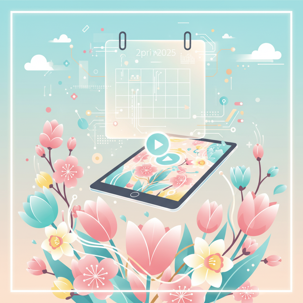 A calendar concept illustration showing spring 2025 with blooming flowers and technology elements, soft pastel colors with modern digital accents, optimistic and fresh atmosphere, clean graphic design style, no text in image