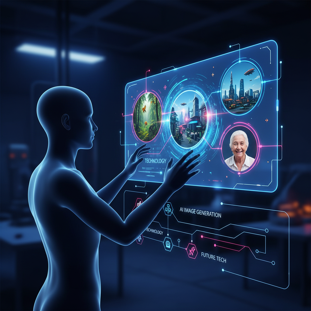 A futuristic clean infographic showing a person interacting with a holographic interface generating realistic images. Modern layout, high contrast, vibrant colors. Technology, AI image generation, future tech. No visible text.