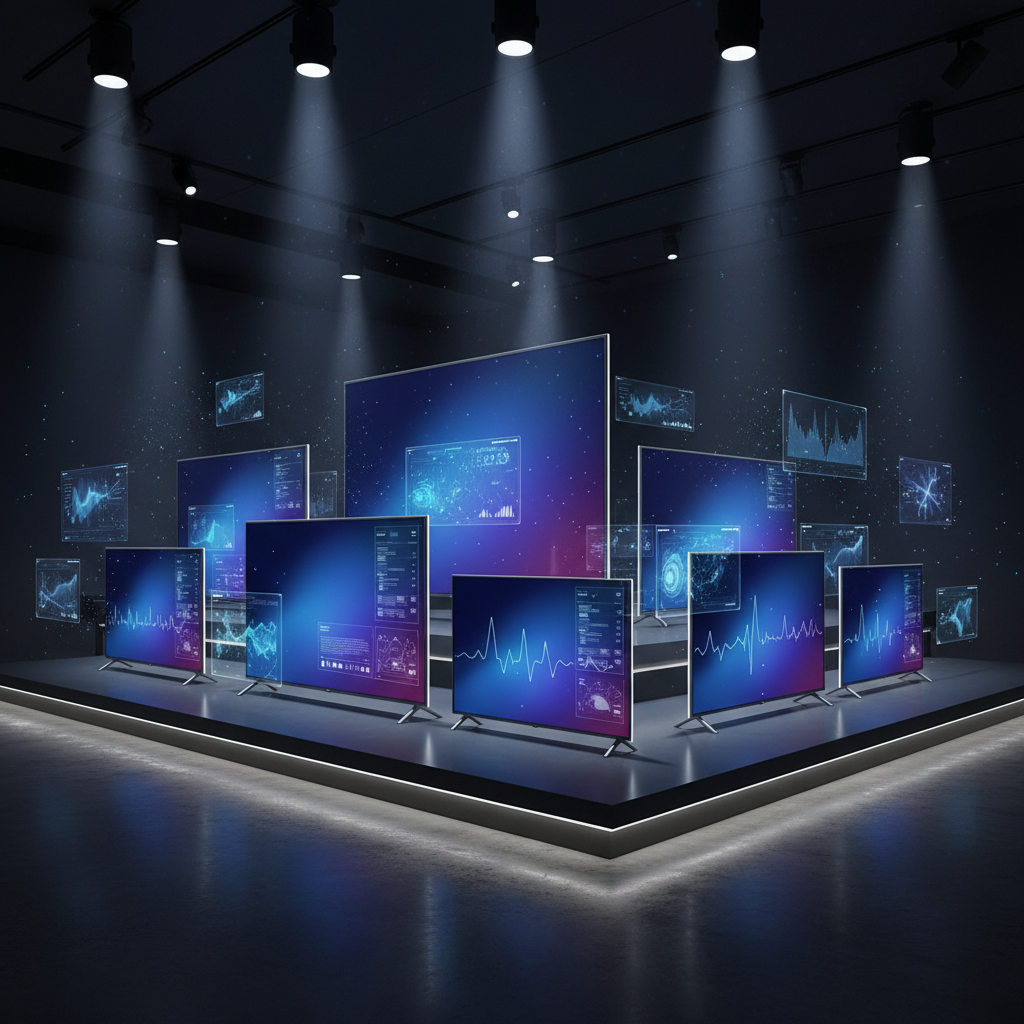 Showcase of multiple Samsung TV models in different sizes arranged in modern electronics showroom, sleek design with thin bezels, AI interface elements floating around screens, professional product photography with dramatic lighting, deep blue gradient background with spotlight effects, no visible text in image