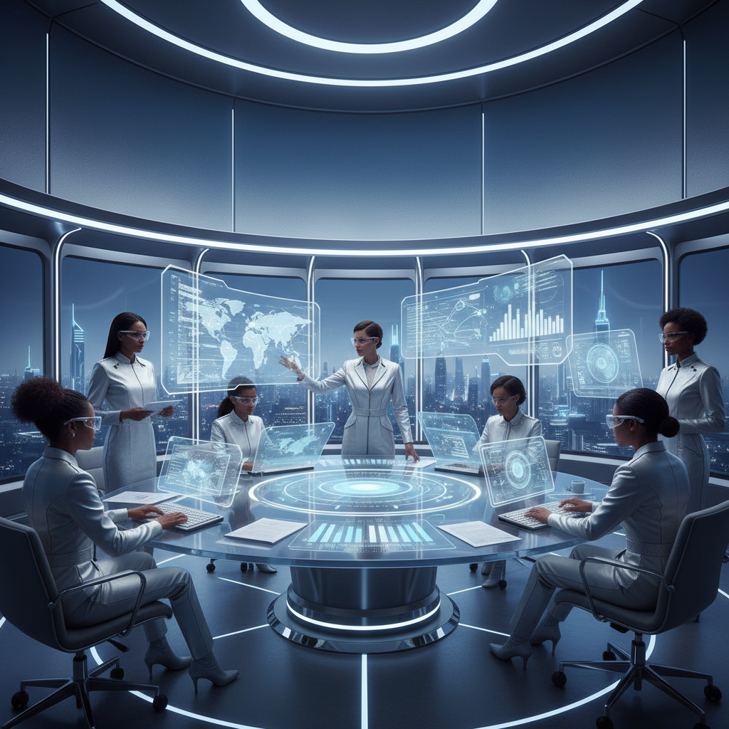 A futuristic vision of campaign headquarters with advanced technology, holographic displays, diverse campaign team working with cutting-edge digital tools, bright modern office space, vibrant blue and silver gradient background, sleek contemporary style, no visible text in image
