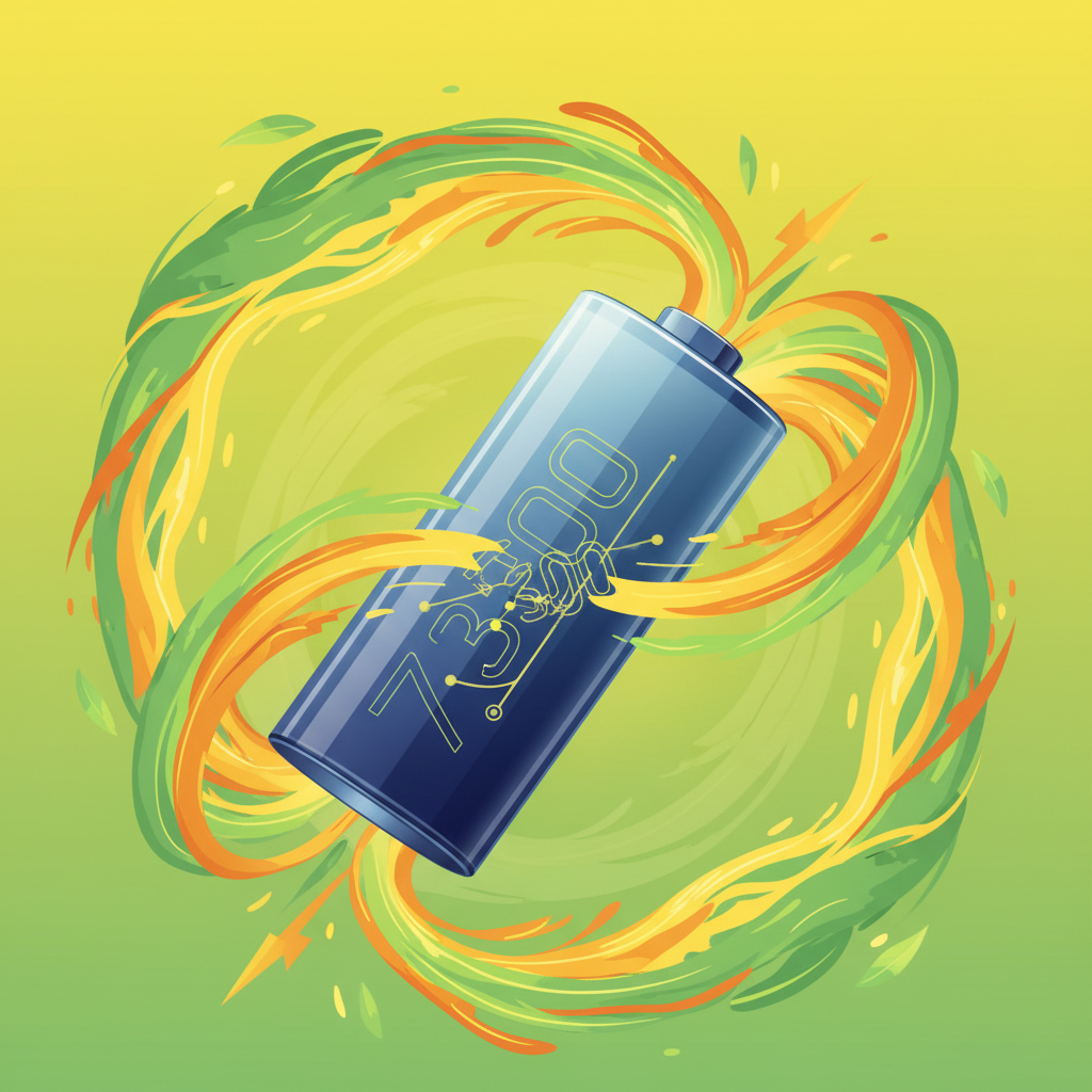 An infographic style image showing a large, powerful smartphone battery with "7,300 mAh" subtly integrated into its design (no text, only visual representation of capacity), surrounded by energy waves on a vibrant green and yellow background, symbolizing long life and fast charging. No text.