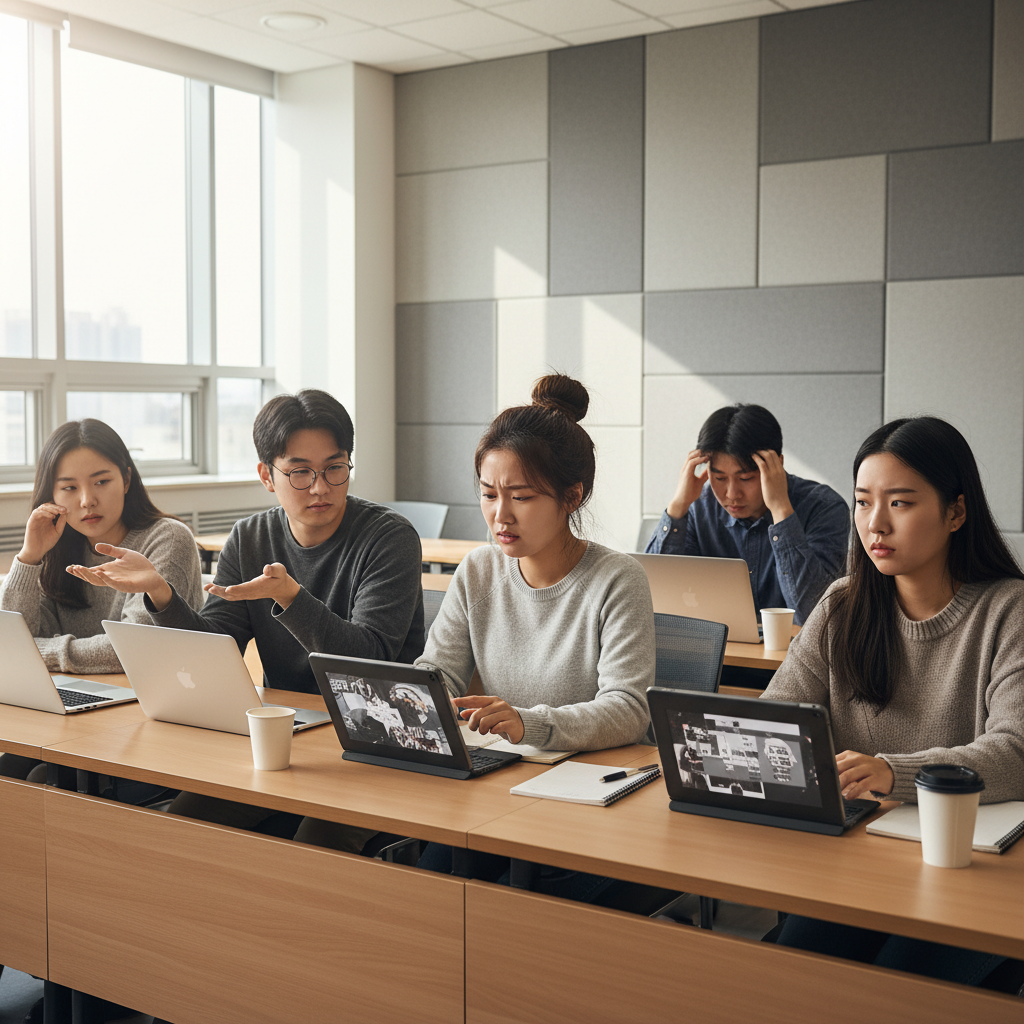 A group of Korean university students in a lecture hall, some looking confused or frustrated while interacting with a tablet or laptop. One student is raising an eyebrow, hinting at dissatisfaction with AI-generated content. The setting is a modern classroom with natural lighting, textured wall background, no visible text. Style: lifestyle photography.