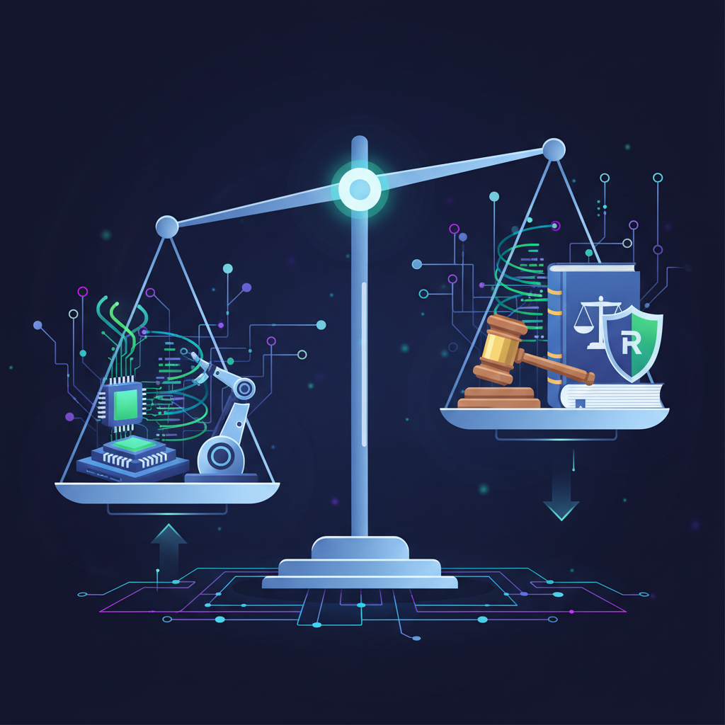 An illustration of a balanced scale. On one side, symbols representing AI innovation (microchips, code, robot arm) are rising. On the other side, symbols representing regulation (gavel, law book, shield) are weighing it down slightly, trying to find equilibrium. The background is a digital data network with bright, balanced lighting. Style: clean infographic, modern layout, high contrast. No visible text.