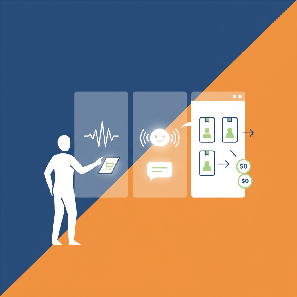 A clean infographic showing a person interacting with an AI assistant on a screen for shopping. The AI is suggesting products. Modern layout, high contrast, colored background, no text.