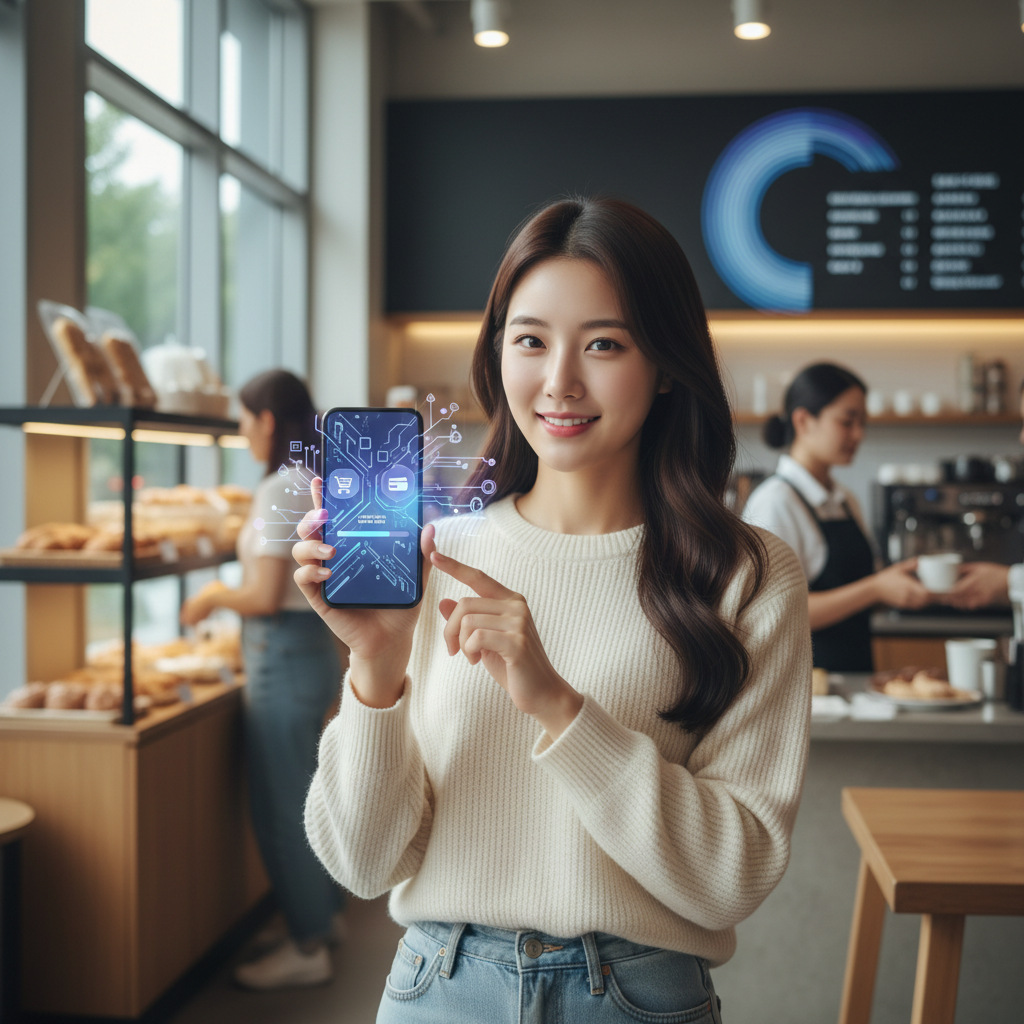 A vivid lifestyle photography showing a Korean person making a seamless purchase using a mobile device, with AI interface elements subtly integrated. Bright, balanced lighting, natural expression, centered focus, visually rich, no empty margins, no text.