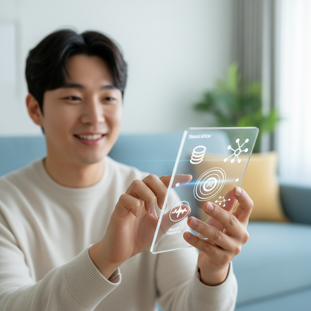 A Korean person interacting seamlessly with a smart device, receiving highly personalized and relevant suggestions. The device screen shows various AI features like translation, summaries, and smart prompts. Bright, modern, lifestyle photography. Colored, blurred background. No visible text.