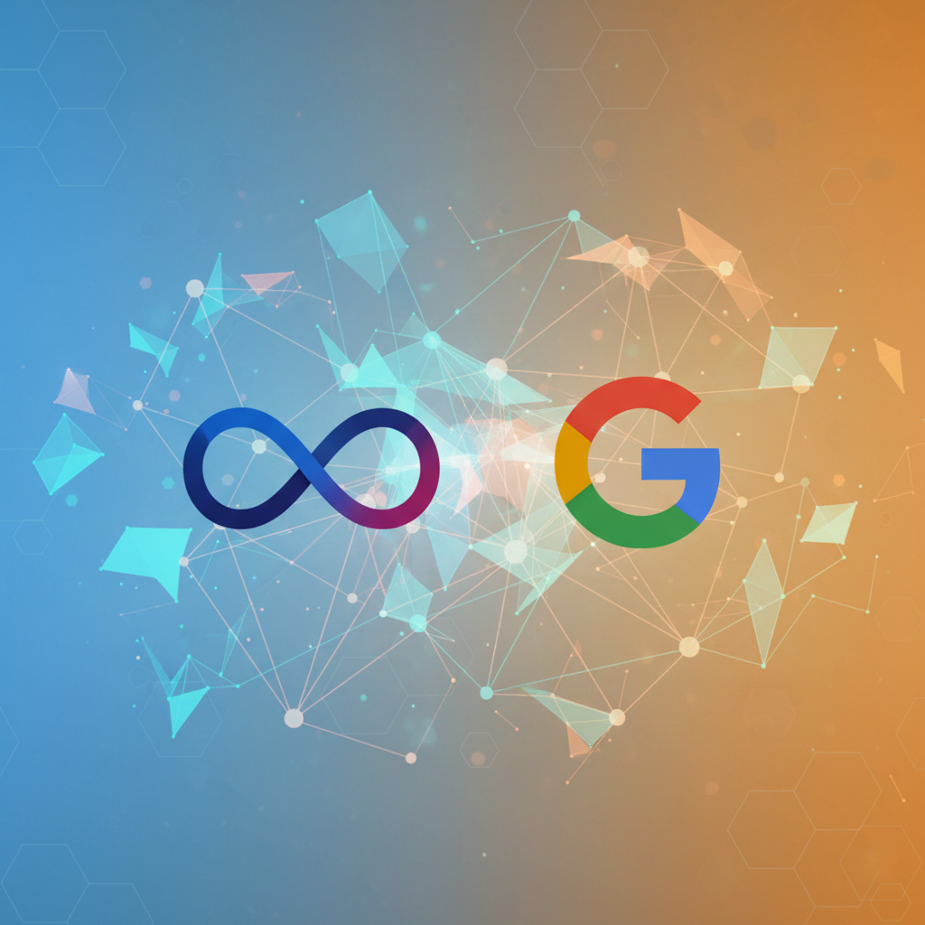A clean infographic showing the logos of Meta and Google, with subtle visual elements representing AI competition and market dynamics around them. The background should be a subtle gradient or textured, filling the frame, no visible text, modern layout, high contrast.
