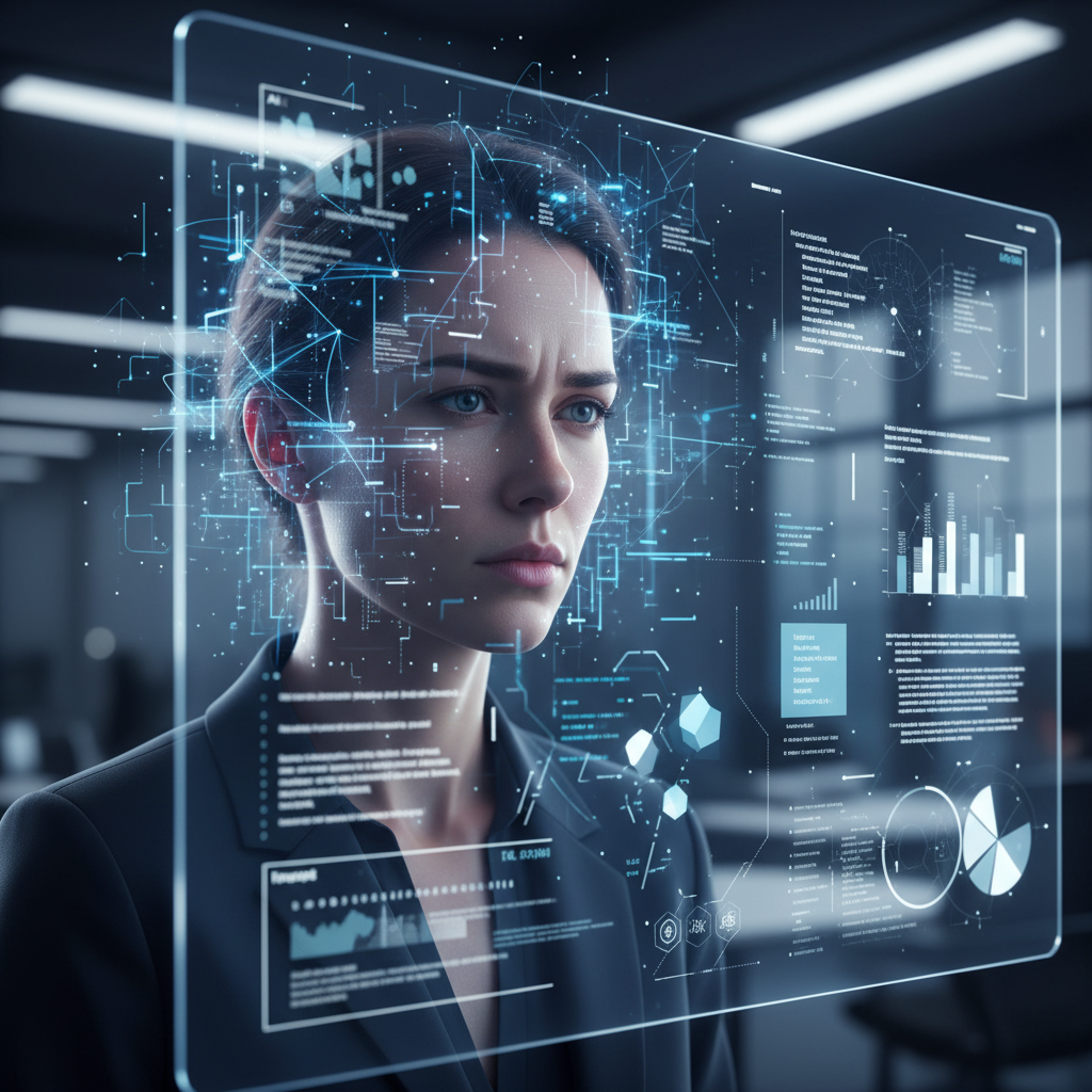 A person looking at a computer screen with a thoughtful expression, surrounded by subtle glowing digital patterns, representing the act of deciphering AI writing. The screen shows abstract data or text snippets, hinting at analysis. Style: clean infographic, modern layout, high contrast. No text.