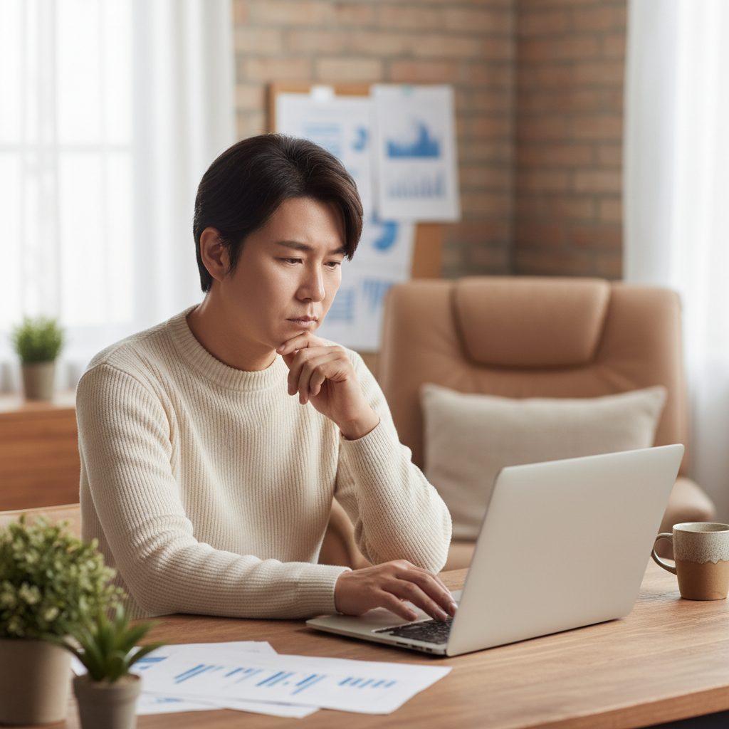 A natural lifestyle photograph of a Korean person (mid-age) sitting at a desk, looking at a laptop with a thoughtful or slightly confused expression. In the background, there are blurred elements that suggest financial documents or a home office. Soft, balanced lighting, a warm textured background, full frame. No visible text in image.