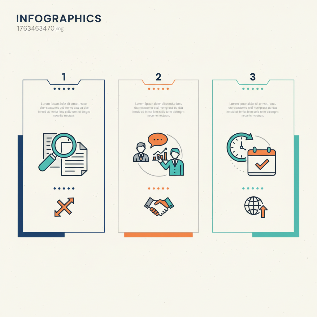 A modern infographic illustrating three steps for safely using AI financial advice. Show three distinct panels, each with an icon and simple visual metaphors: 1. a magnifying glass over a document (cross-check), 2. two people discussing with a financial advisor (consult professionals), 3. a calendar or clock icon (verify latest information). Use clean lines, high contrast, and a light-colored, textured background. No visible text in image.