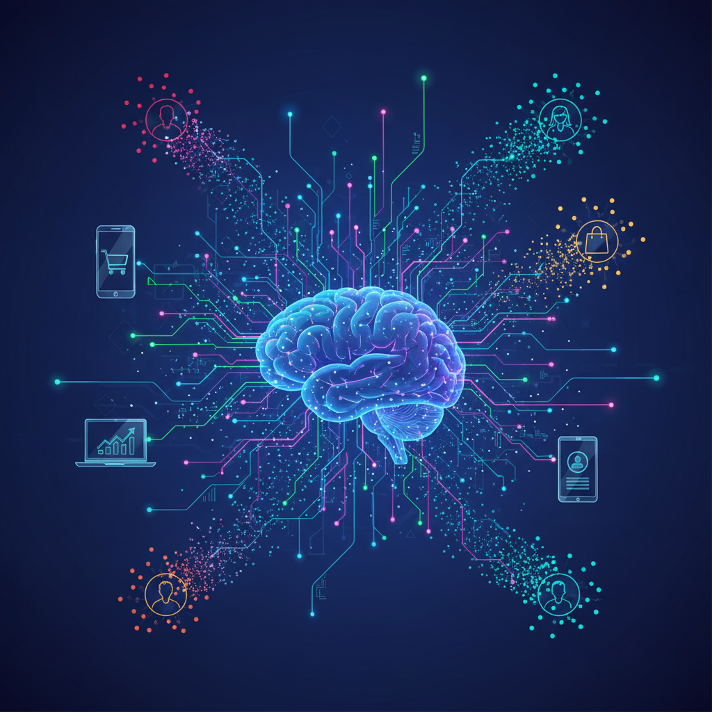 A futuristic illustration of a brain-like network glowing with data points, connecting various digital devices (smartphone, laptop, tablet) and diverse customer profiles. This symbolizes personalized AI marketing with seamless data flow. Colors are vibrant and futuristic, highlighting innovation. Clean infographic style, no text.