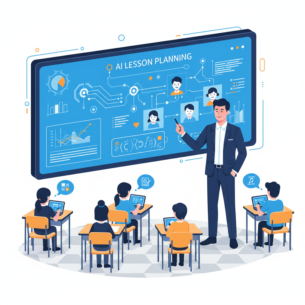 A Korean male teacher confidently using an AI-powered educational tool on a large interactive screen in a classroom. Students are visible in the background, engaged in individual learning. The teacher demonstrates how AI assists with lesson planning and personalized instruction. Style: clean infographic, modern layout, high contrast. No visible text in image. No Korean characters.