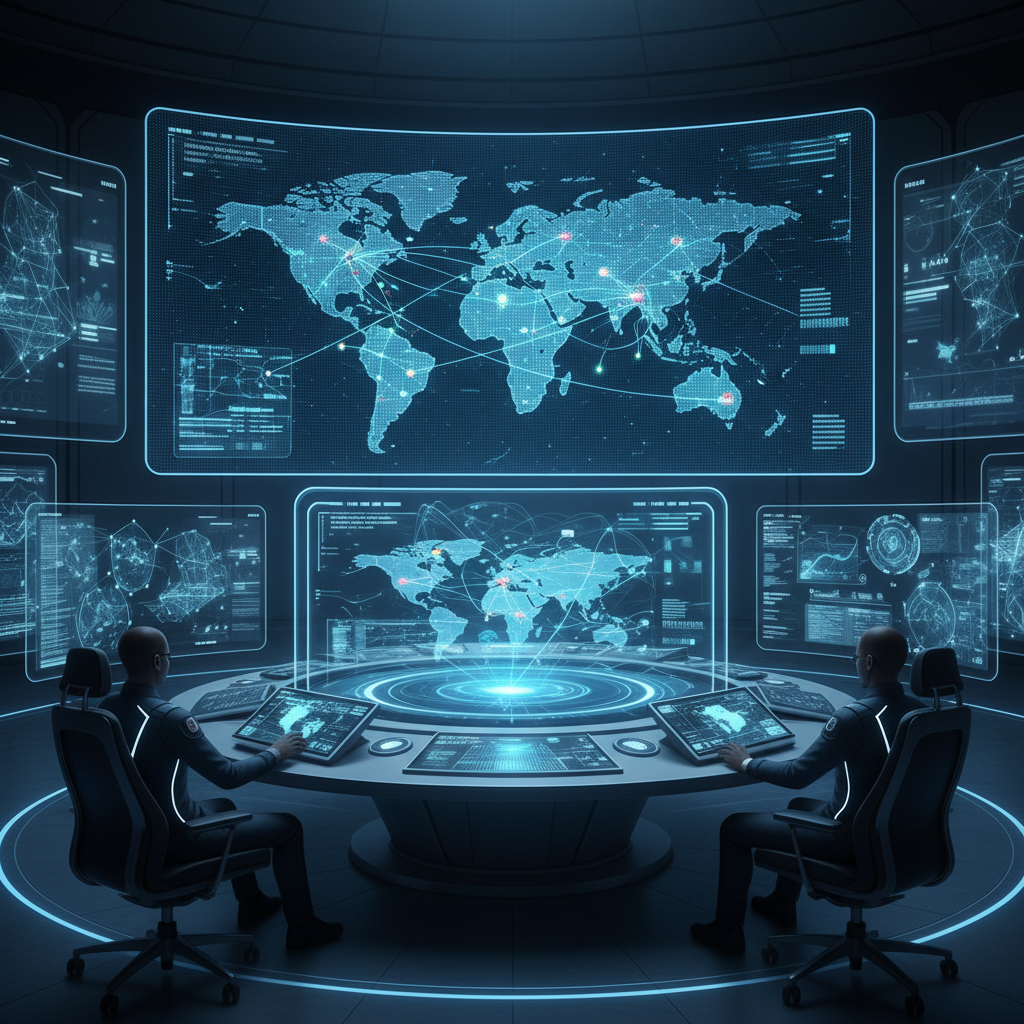 A modern, high-tech command center with sleek interfaces displaying complex data visualizations related to military intelligence and AI algorithms. Emphasize the advanced technology and strategic decision-making atmosphere. Clean infographic style, no text.
