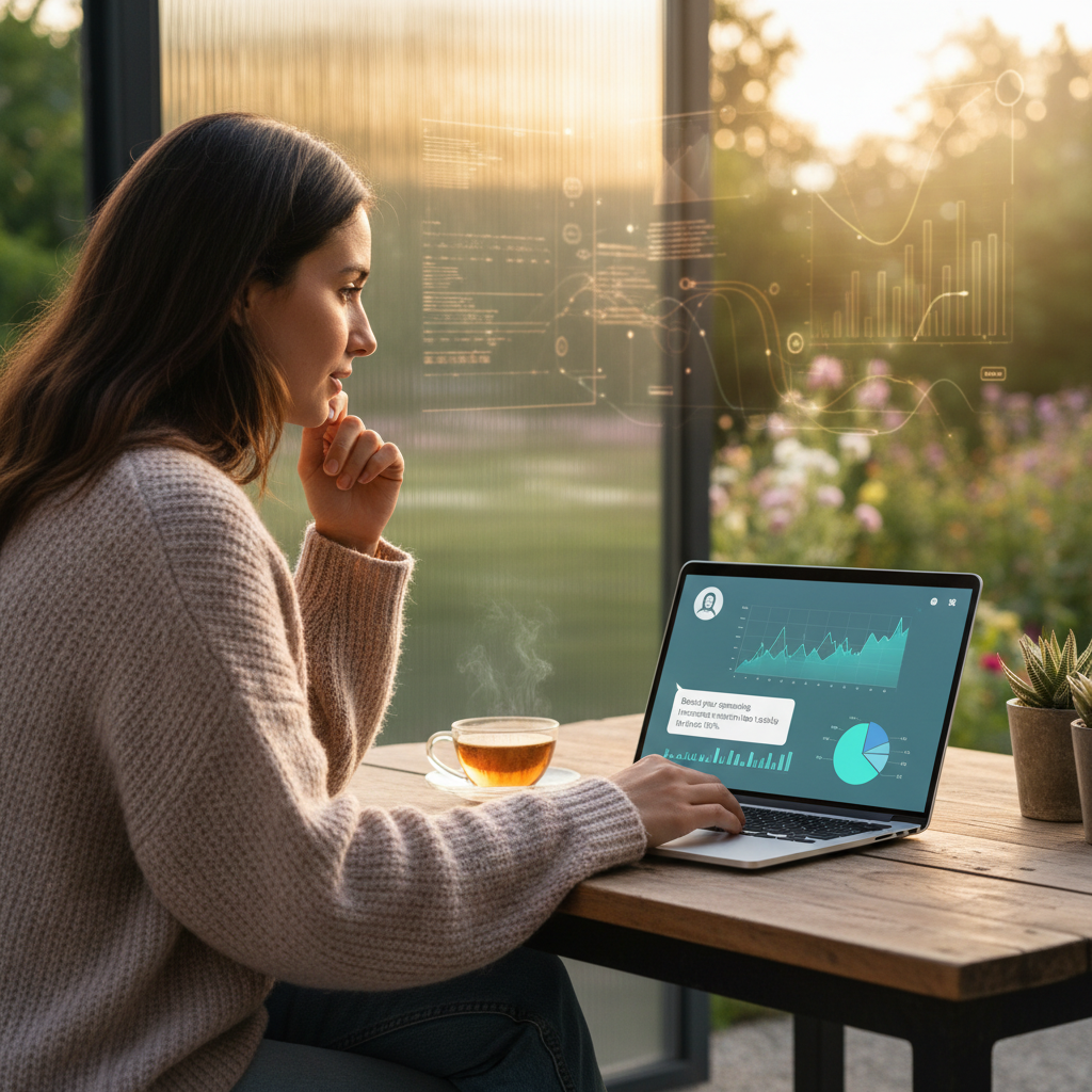 Lifestyle photography of a user receiving personalized financial advice from an AI assistant on a sleek laptop, with subtle data visualizations in the background. Warm lighting, natural setting. No text.