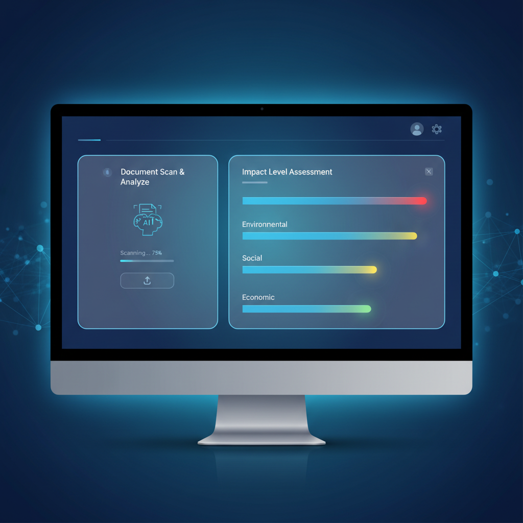 Modern web interface showing AI-powered planning objection service, clean dashboard with document scanning features and impact level indicators, professional software design, bright screen glow, realistic computer monitor view, gradient blue background, no text in image