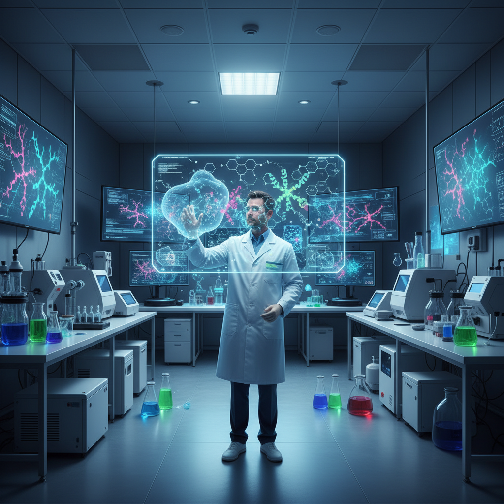 Advanced laboratory scene with molecular structures and protein models displayed on multiple screens, scientist examining holographic chemical compounds, modern biotech lab environment, bright balanced lighting, blue and green scientific atmosphere, detailed equipment and colorful molecular visualizations, no text