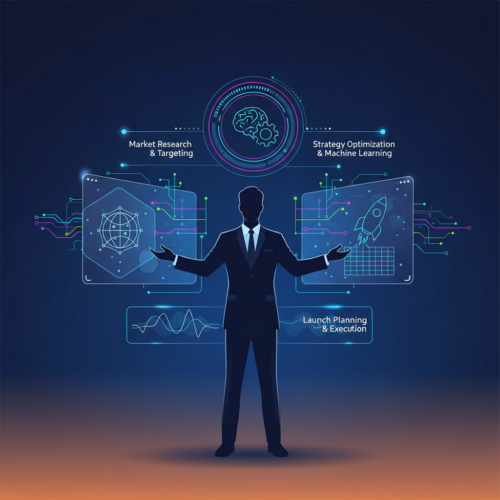 Clean infographic showing a business person interacting with AI interfaces for go-to-market strategies. Modern layout, high contrast, colored background. No visible text, no graphs.