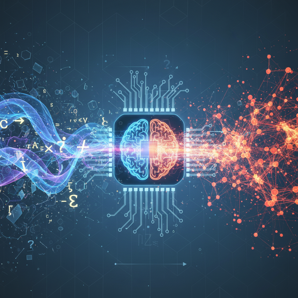 A dynamic infographic illustrating neuro-symbolic AI architecture. Abstract data streams are flowing into a central processing unit, with symbols and neural network nodes visible. The background has a subtle tech pattern. No text.