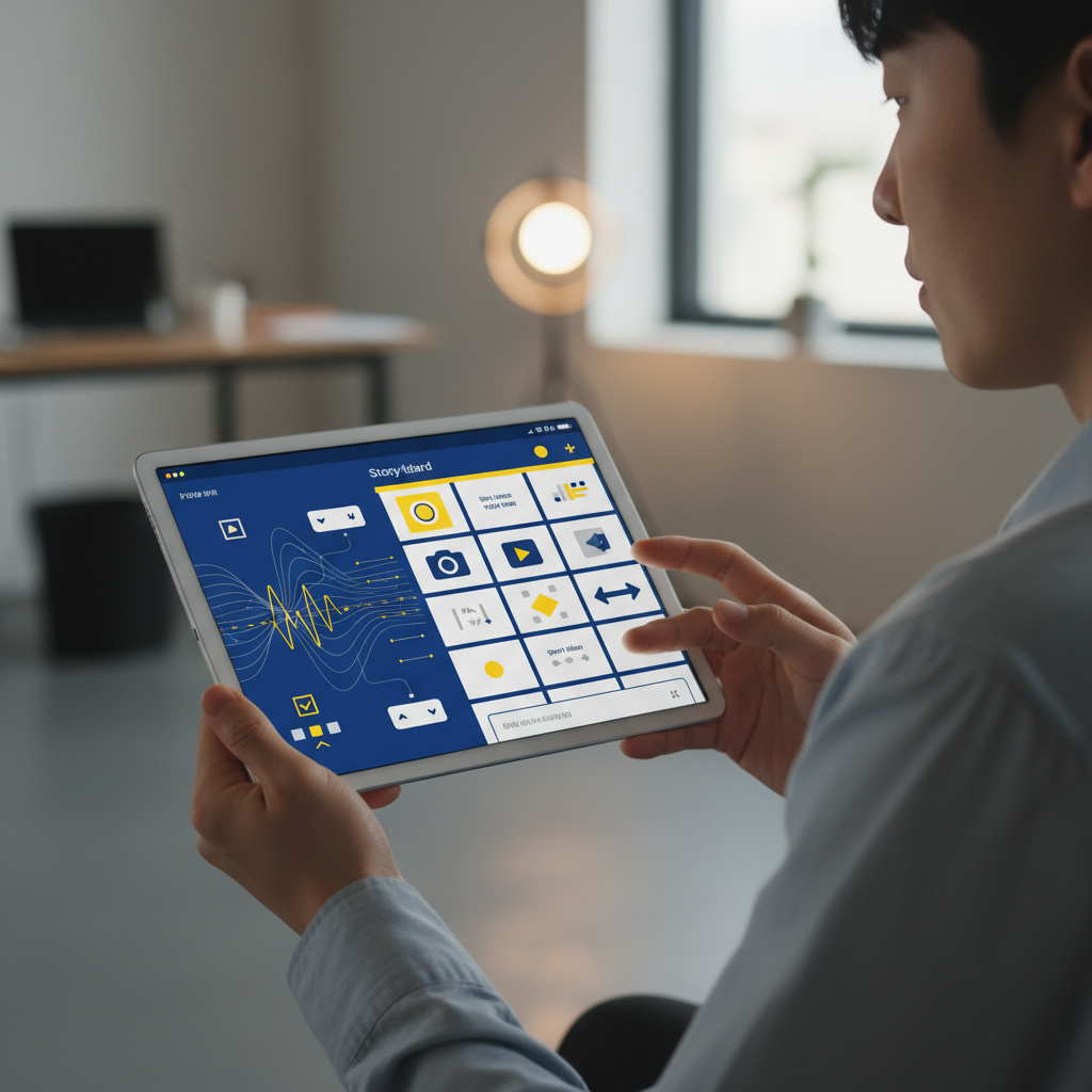 A Korean creator is interacting with a conversational AI interface on a tablet, which is generating script ideas and storyboards for short videos. The screen shows dynamic text and visual prompts. Style: clean infographic, modern layout, high contrast. No visible text in image.