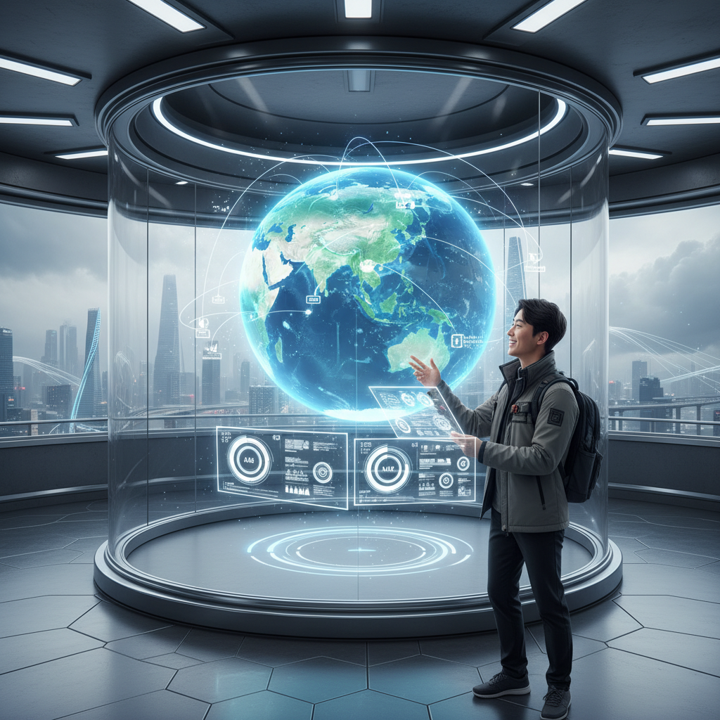 A Korean traveler excitedly looking at a holographic world map showing flight routes and destination options, with AI interfaces projecting from a tablet. The scene is futuristic and dynamic, with bright, balanced lighting and a textured background. No visible text.