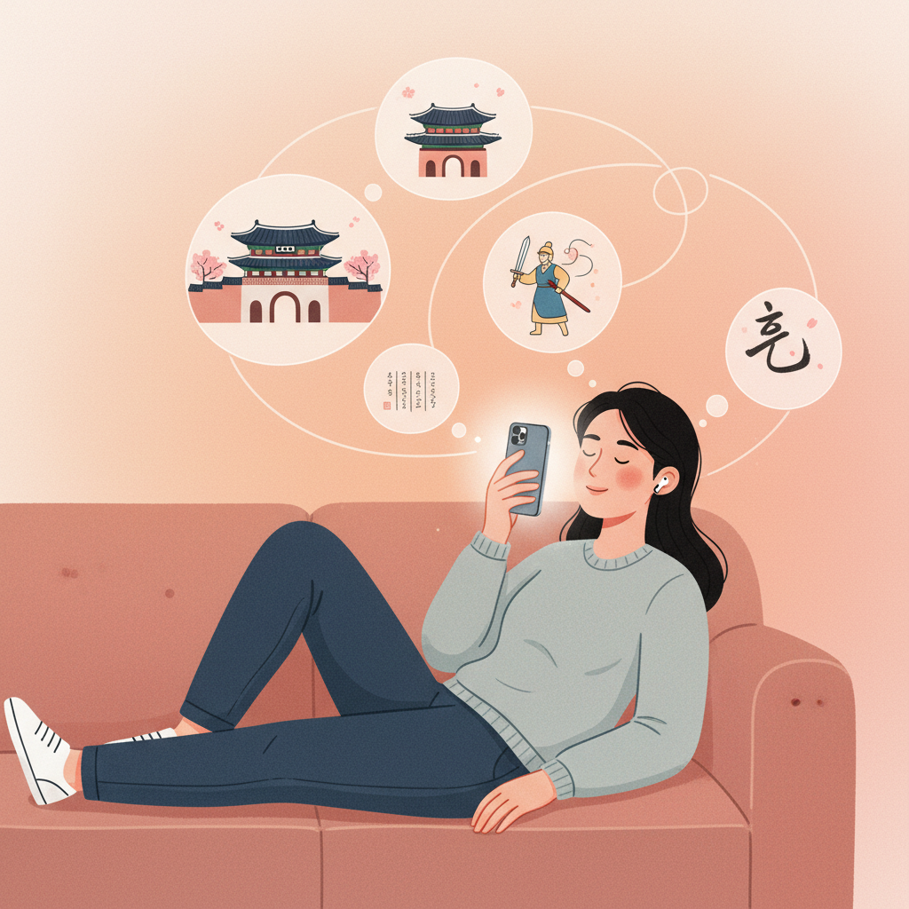 A stylized image of a person with Korean appearance listening to an audiobook on a smartphone, with thought bubbles showing key moments or summarized text. The background is a soft, warm gradient. The image emphasizes ease of access and understanding, with a focus on modern technology for storytelling. No visible text.