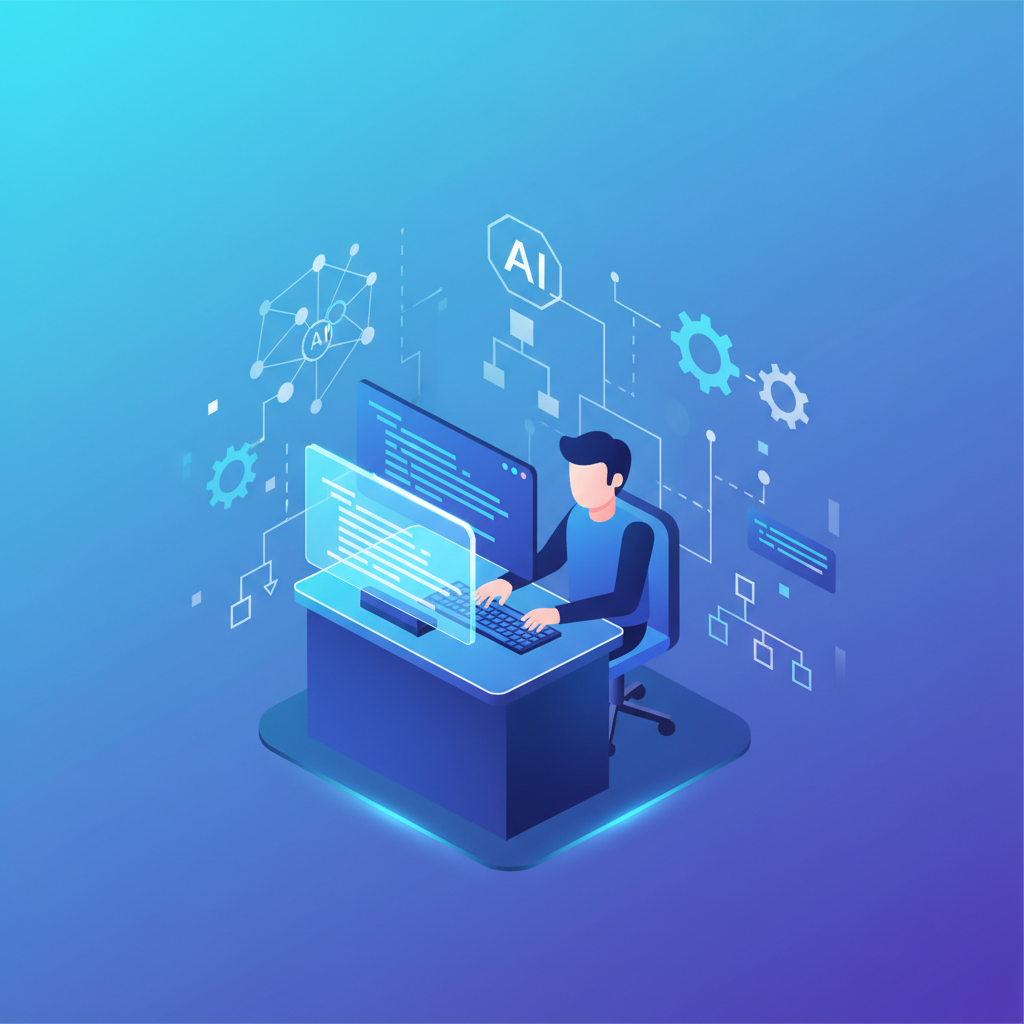 A modern clean infographic showing a developer working on code, with AI symbols and automation flowcharts in the background. The scene is bright and professional, with a gradient background and no text. Centered focus.