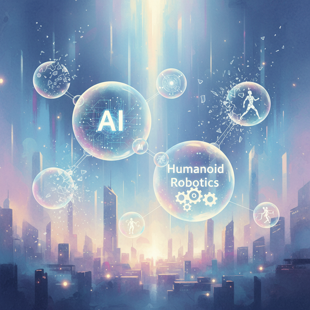A thought-provoking illustration of interconnected bubbles, one labeled "AI" and another "Humanoid Robotics," with some showing signs of bursting. The background is a futuristic, abstract cityscape in soft, glowing colors. No visible text.