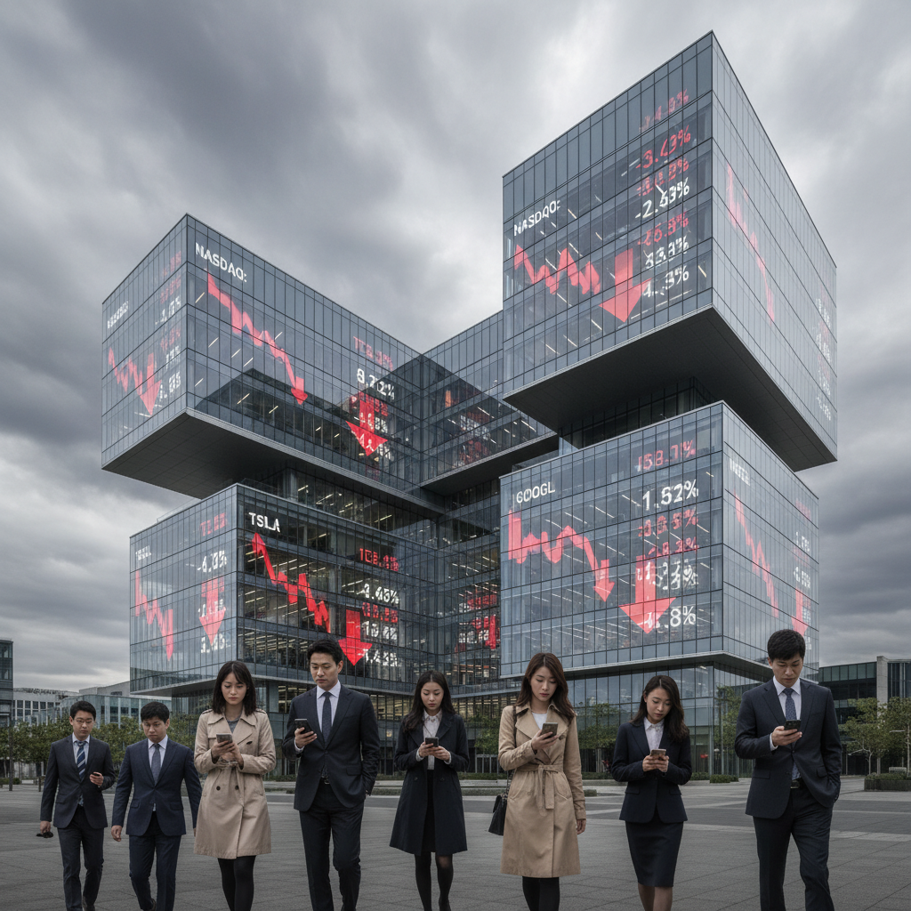 A modern tech company office building with digital stock price displays showing declining numbers, silicon valley architecture, glass and steel structure, cloudy sky suggesting uncertainty, realistic corporate photography style, Korean business people walking in foreground looking concerned, professional attire, natural daylight, no text in image