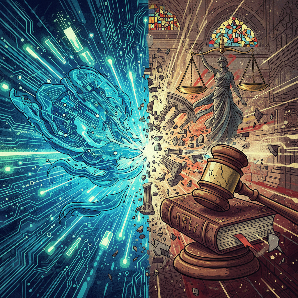 A dynamic illustration showing two distinct entities, one representing rapidly advancing AI technology (abstract circuits, glowing lines) and the other representing traditional legal frameworks (gavel, law book, scales of justice), converging and interacting. The background is a mix of digital patterns and classical textures. Style: illustration, artistic rendering, high contrast. No text.