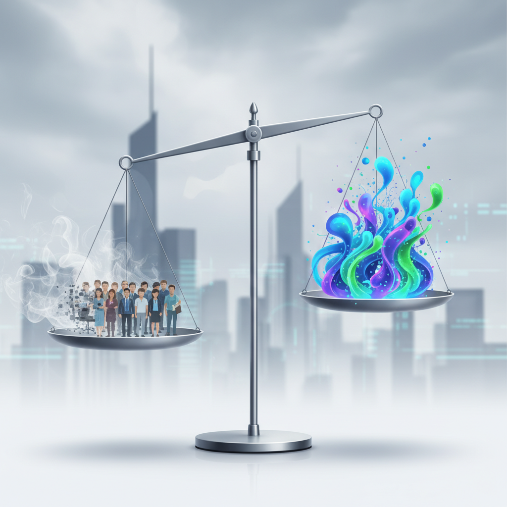 A conceptual infographic showing a balance scale. On one side, various job roles (depicted as small, generic Korean figures) are slowly fading away. On the other side, glowing, abstract representations of AI technology are growing. The background suggests a modern, slightly uncertain cityscape. Clean infographic, no text.