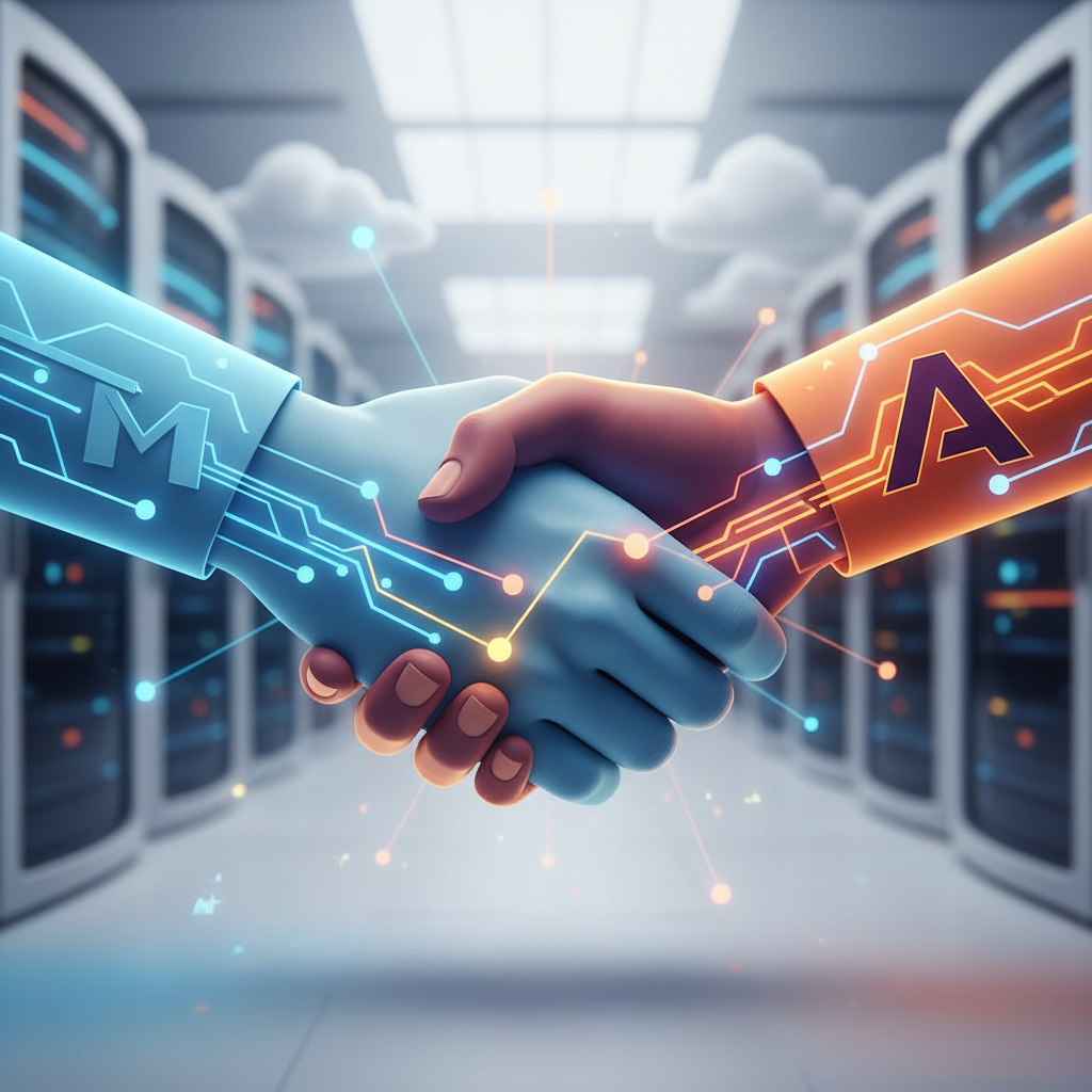clean infographic, modern layout, high contrast. Two hands, one representing Microsoft and another Anthropic, shaking hands with glowing AI neural network symbols connecting them, set against a blurred background of data centers and cloud infrastructure, bright, balanced lighting, no visible text.