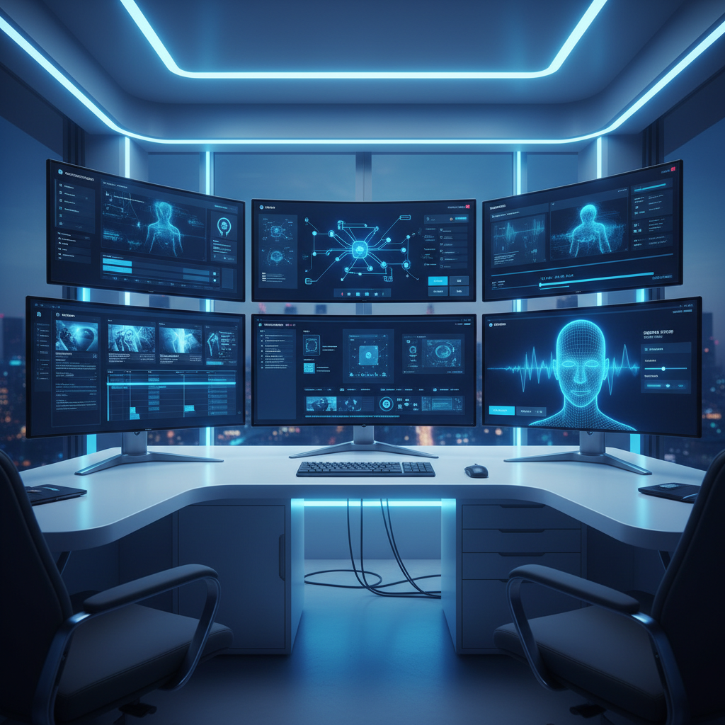Computer screens showing AI interface with video generation tools, digital workspace with multiple monitors displaying deep fake technology, clean modern tech environment with blue lighting, no text