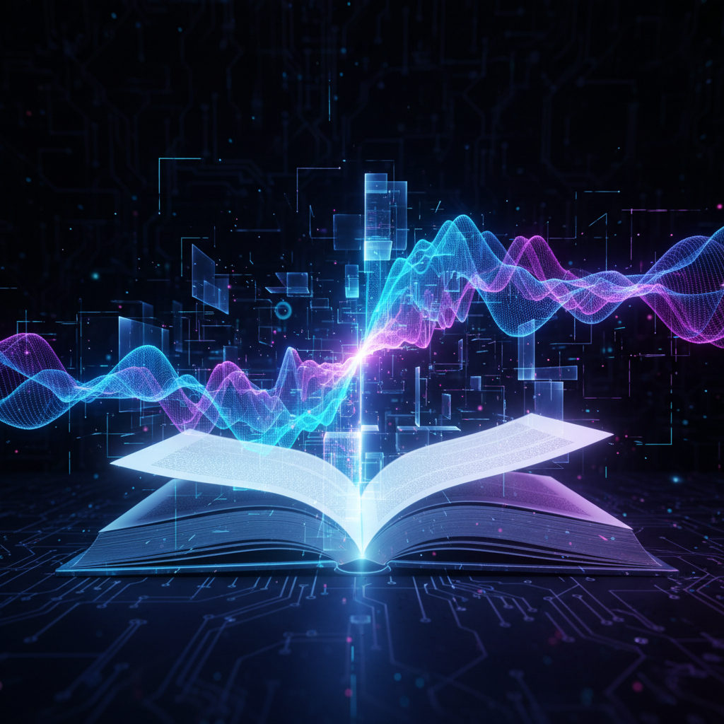 Abstract visualization of AI technology analyzing audiobook content, digital waves and sound frequencies merging with book pages, futuristic tech aesthetic, glowing blue and purple lights, dynamic composition, textured dark background with circuit patterns, high contrast lighting, no text