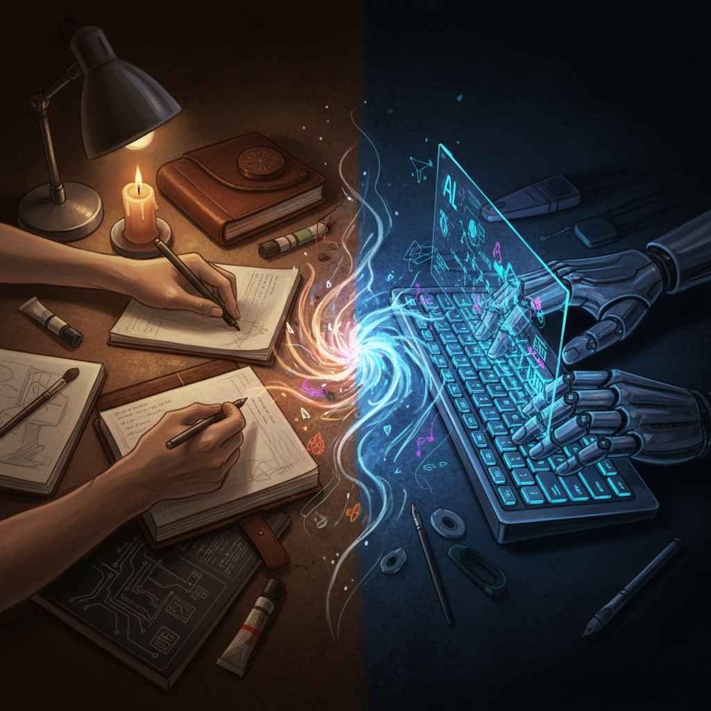 A powerful visual representation of human hands creating art or code with traditional tools, juxtaposed against a robotic hand typing on a keyboard with glowing AI symbols. Emphasize the contrast between organic creativity and artificial efficiency. Artistic illustration, dark background, dynamic composition, no text.