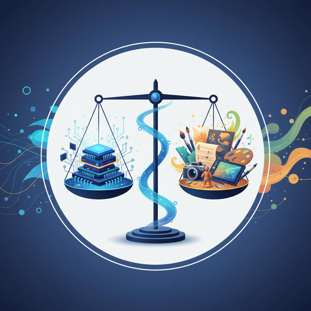 Conceptual illustration showing balance between AI technology and creative rights, modern digital art style with scales balancing computer chips and artistic works, clean composition with professional lighting, no text in image