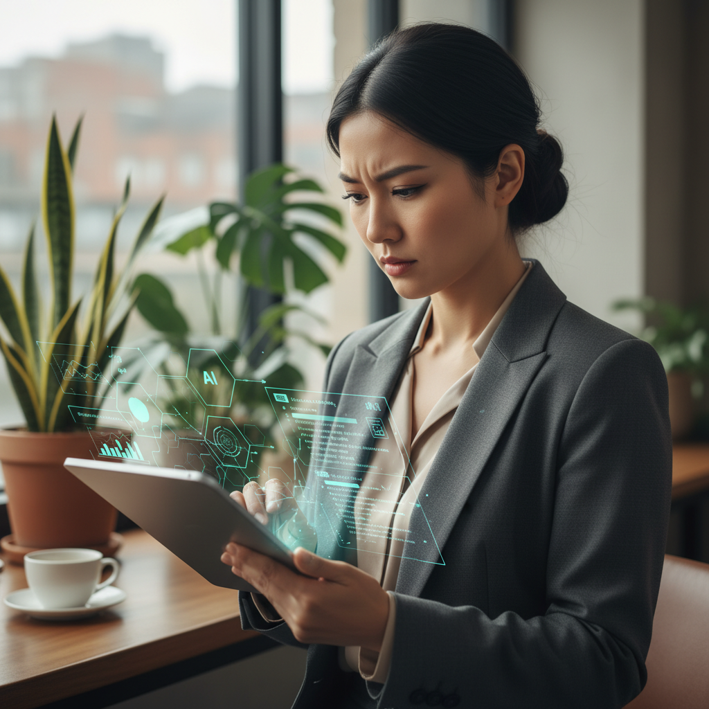 Close-up view of a professional Asian woman in business attire reviewing documents on a tablet with AI-powered analysis overlay, modern office background with soft natural lighting, focused expression, contemporary workspace with plants and coffee cup, photorealistic style, no text in image