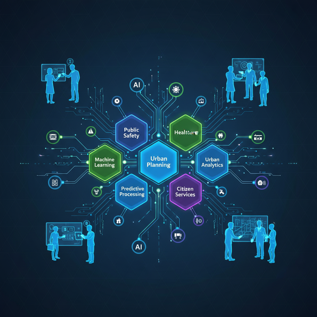 A modern infographic showing AI technology enhancing government services, with interconnected nodes and diverse citizens engaging with digital platforms. Style: clean infographic, modern layout, high contrast, textured background. No visible text.