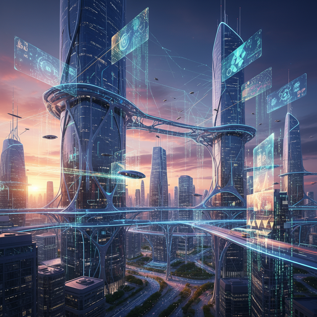 Futuristic cityscape with integrated AI technology infrastructure, glowing network connections between buildings, digital data streams flowing through urban environment, sunset or dawn lighting with warm and cool color contrast, holographic elements suggesting advanced technology, vibrant gradient sky with purple and orange tones, no text
