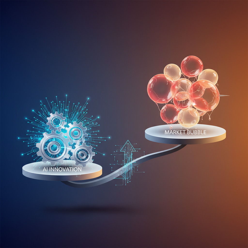 A modern, clean infographic depicting two opposing forces: one representing "AI Innovation" with gears and bright circuits, and the other "Market Bubble" with inflated, fragile-looking elements. They are balanced on a scale. High contrast, gradient background, no text.