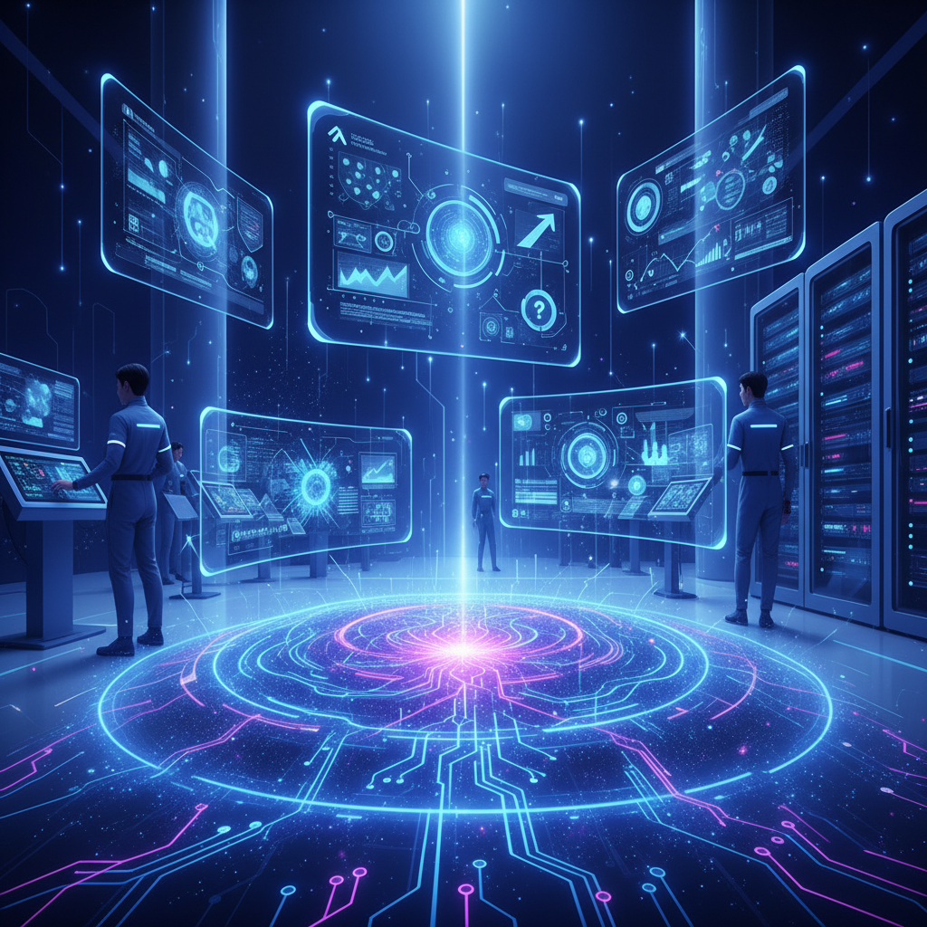 A futuristic visualization of AI technology with digital neural networks, glowing circuit patterns, and holographic displays, representing both opportunity and uncertainty, blue and purple color palette, modern tech illustration style, Korean data scientists working with advanced AI systems in background, sophisticated laboratory setting, dramatic lighting, no text in image