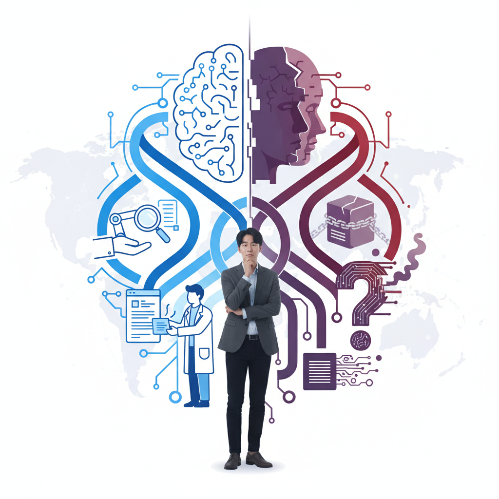 A thought-provoking illustration of artificial intelligence, depicted as a dual-natured entity. One side shows innovative, helpful aspects, while the other side is shadowed, representing risks and ethical dilemmas. The overall style is clean infographic, with a Korean person looking thoughtfully at it. No text in image.