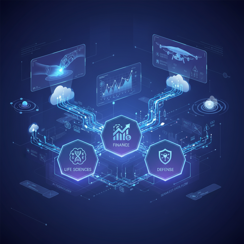 A futuristic infographic showing various UK industries (life sciences, finance, defense) integrating AI technology, with seamless data flow and innovative applications. Clean, high-contrast style. No text.