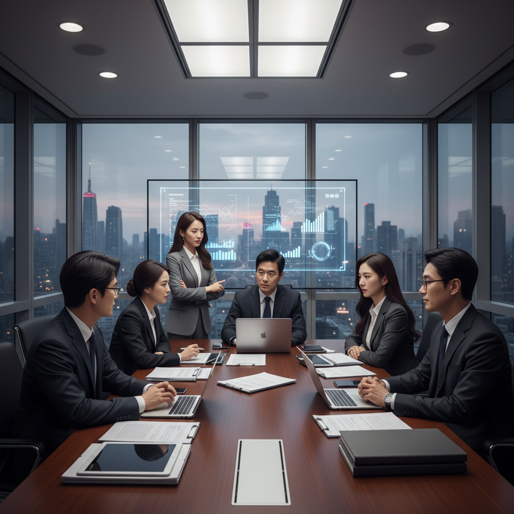 Business meeting scene with tech executives discussing strategy, modern conference room with city skyline view, professional Korean businesspeople, laptops and documents on table, collaborative yet competitive atmosphere, natural office lighting, no text