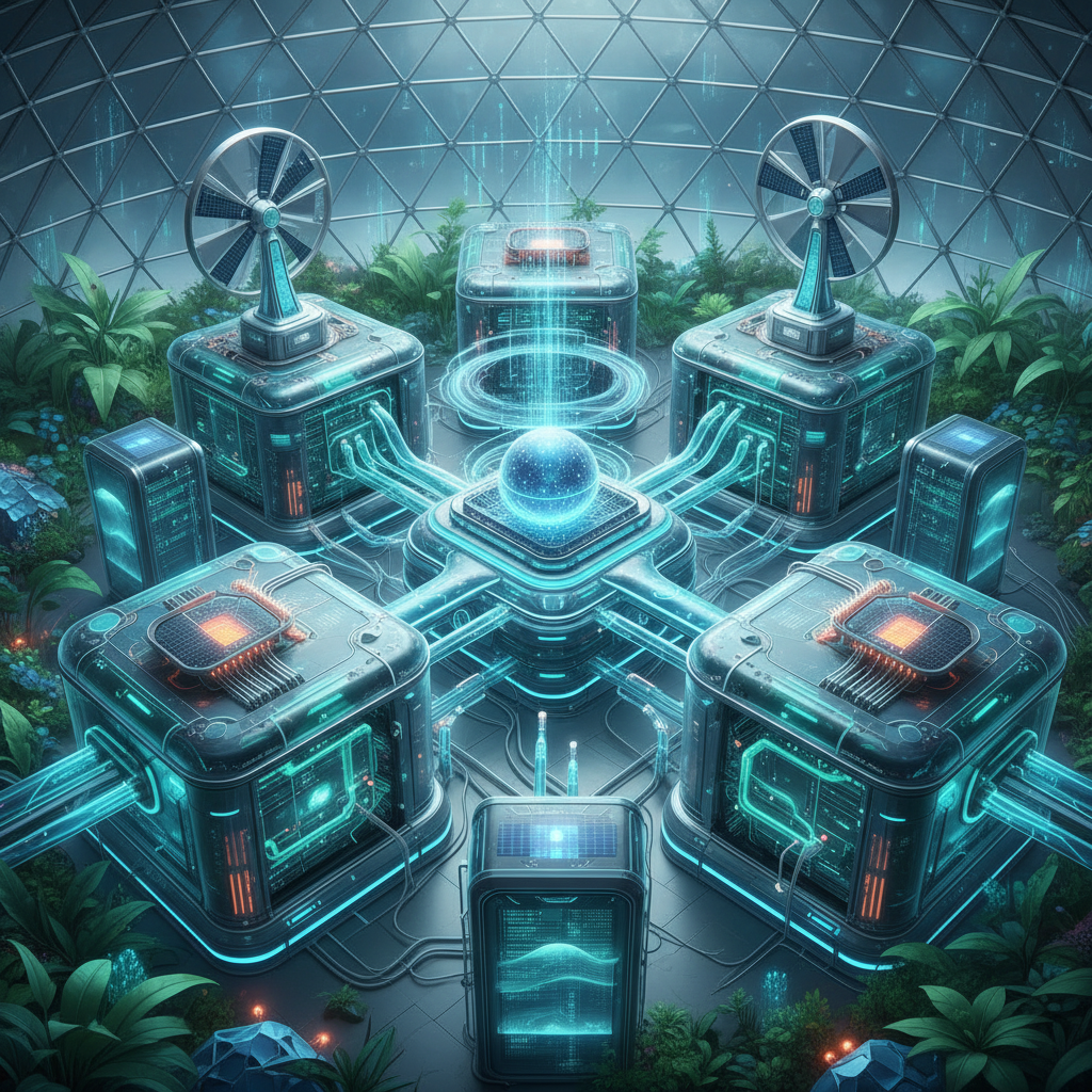 A futuristic illustration of an efficient data center with advanced cooling systems, possibly showing liquid cooling elements integrated seamlessly. Emphasize innovation and sustainability in AI infrastructure. Style: futuristic illustration. No text.