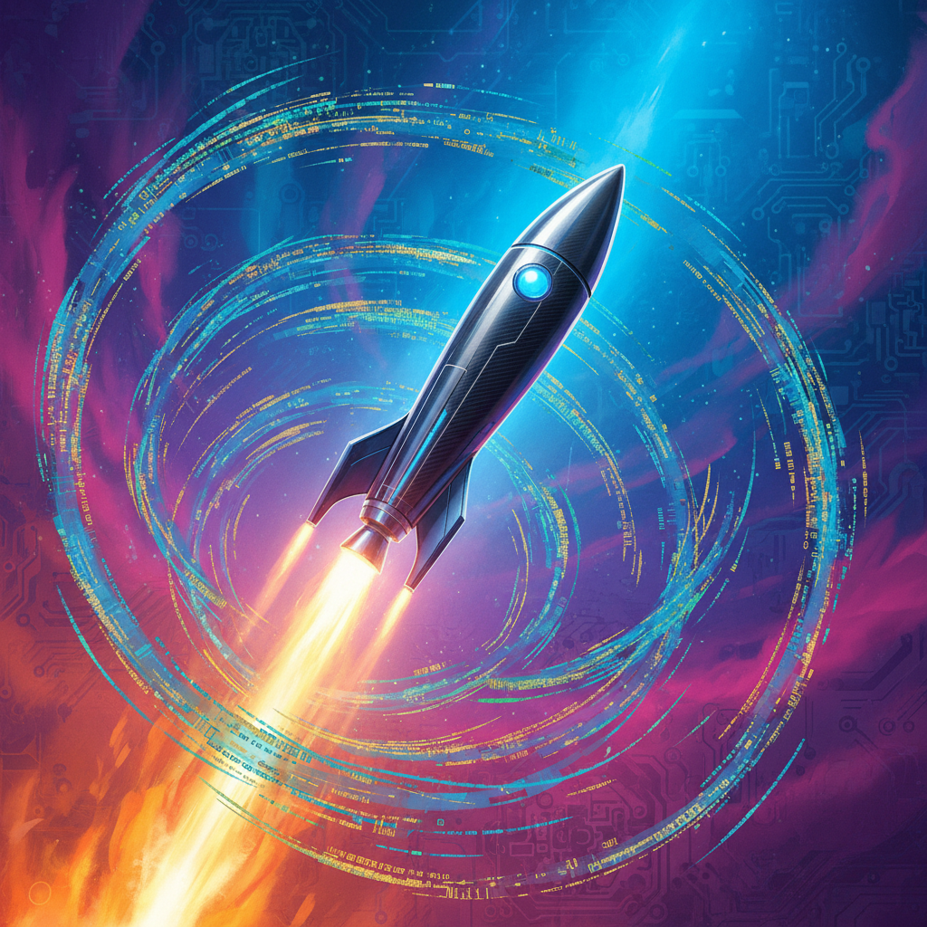 A visually striking illustration of a sleek rocket launching rapidly into a vibrant, gradient-colored sky. Data streams and abstract code lines swirl dynamically around the rocket, symbolizing the fast growth and incredible efficiency of AI-native applications. Artistic rendering, textured background. No visible text.